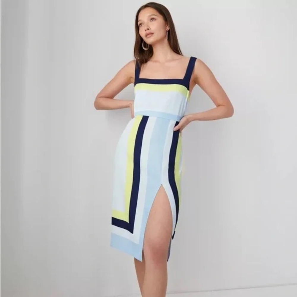 Aritzia Babaton Blue & Yellow 90's Slit Dress Womens Size 8